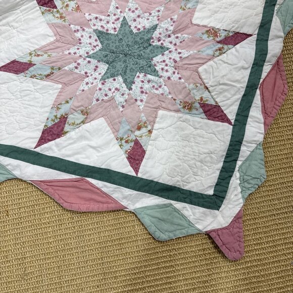 Vintage Star Pattern Quilt Full 82" x 82" Multi Color Pink Green Farm Country - Picture 7 of 8